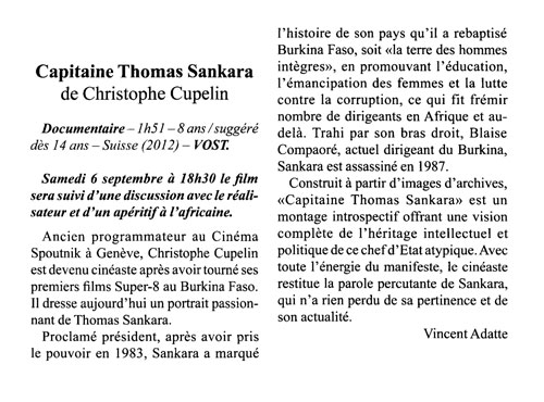 "Capitaine Thomas Sankara" Journal de Sainte-Croix et environs, Vincent Adatte, 5 septembre 2014
