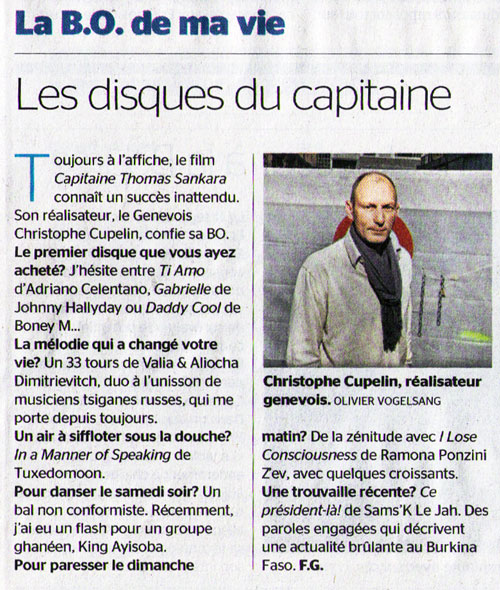 Tribune de Geneve, 28 septembre 2014, Christophe Cupelin, Capitiane Thomas Sankara, "BO de ma vie"
