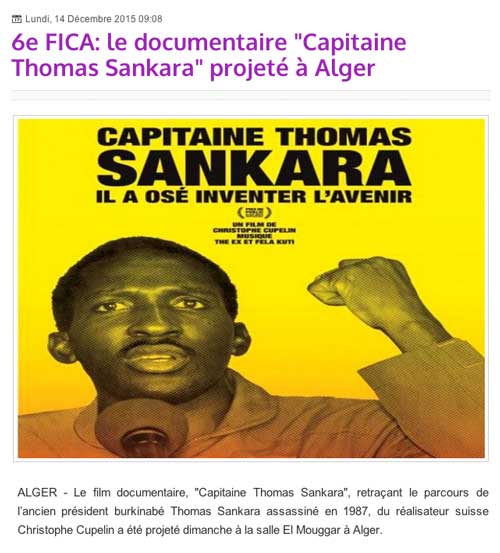 6e FICA: le documentaire "Capitaine Thomas Sankara" projeté à Alger Algérie Presse Service, 14 décembre 2015