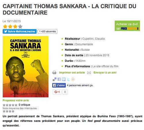 Capitaine Thomas Sankara - La critique du documentaire avoir-alire.com, Nicolas Bonnes, 19 novembre 2015