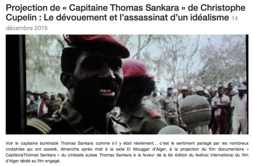 Projection de « Capitaine Thomas Sankara » de Christophe Cupelin :  Le dévouement et l'assassinat d'un idéalisme Festival International du Cinéma Engagé 2015, 14 décembre 2015
