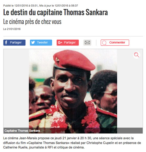 "Le destin du capitaine Thomas Sankara" Cinéma Jean Marais, Aucamville, France, 21 janvier 2016, 20h30  Séance spéciale en présence de Catherine Ruelle, journaliste.