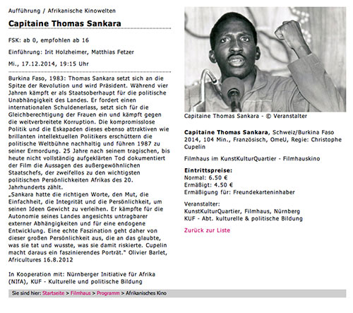 Afrikanische Kinowelten, KunstKulturQuartier, Filmhaus, Nürnberg, Allemagne, 17 décembre 2014