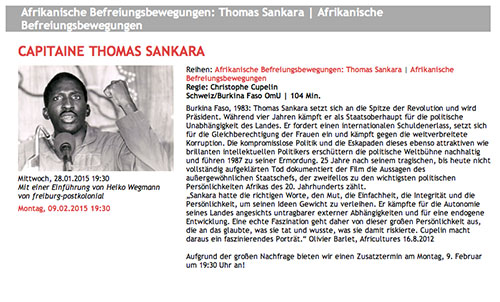 Afrikanische Befreiungsbewegungen : Thomas Sankara Lundi 9 février 2015 à 19h30, Kommunales Kino, Freiburg, Allemagne