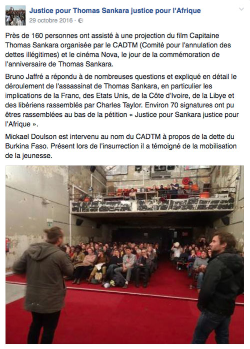 Projection-débat Cinéma Nova, Bruxelles, Belgique, 15 octobre 2016, 20h Commémoration internationale du 29e anniversaire de la disparition de Thomas Sankara. 