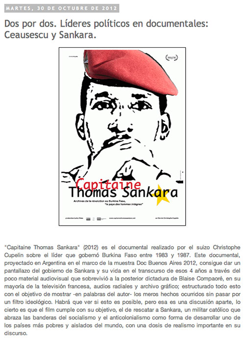 "Capitaine Thomas Sankara" se proyectó clandestinamente en Ouagadougou Manifiesto Cine, 30 octobre 2012