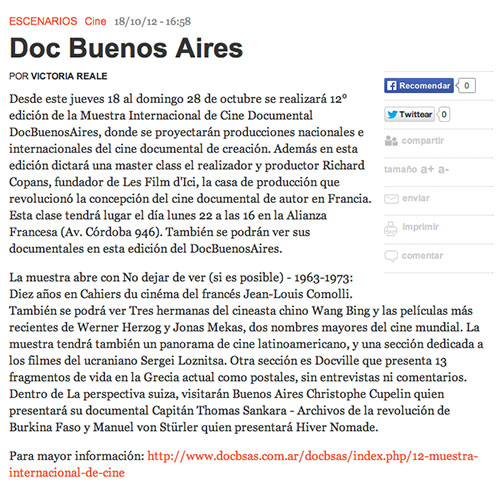 "12° edición de la Muestra Internacional de Cine Documental DocBuenosAires" RevistaÑ, Victoria Reale, 18 octobre 2012 