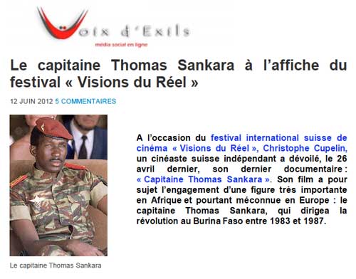 Le capitaine Thomas Sankara à l'affiche du festival « Visions du Réel » Voix d'Exils, Hochardan, 12 juin 2012