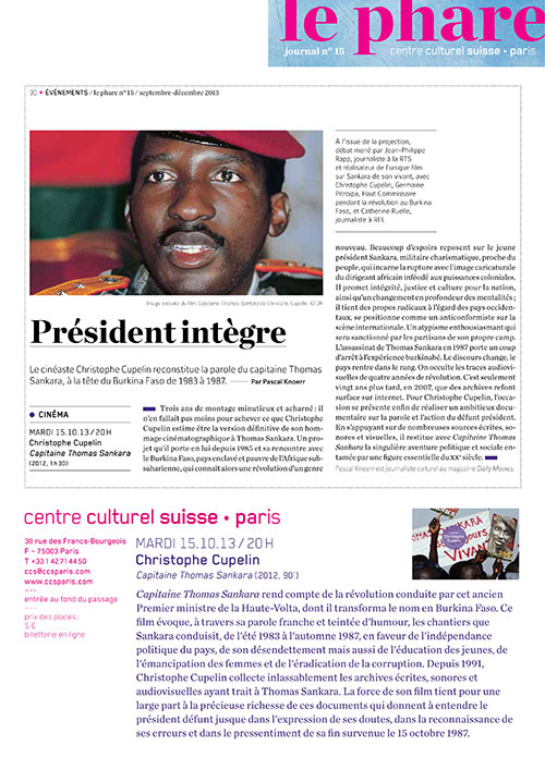 « Un ambitieux documentaire sur la parole et l'action de Sankara » Le Phare, Pascal Knoerr, n° 15, septembre-décembre 2013