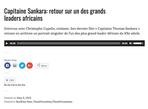 « Capitaine Sankara: retour sur un des grands leaders africains » CKUT, Mélanie Lamonde, émission Amandla, 6 mai 2013