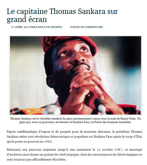 « Le capitaine Thomas Sankara sur grand écran » Parole en Archipel, 27 avril 2013