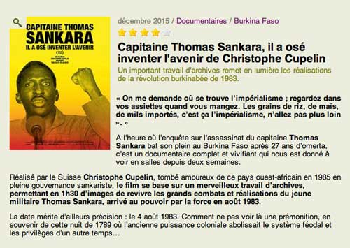  Capitaine Thomas Sankara, il a osé inventer l'avenir de Christophe Cupelin africavivre.com, Julia Dufour, décembre 2015