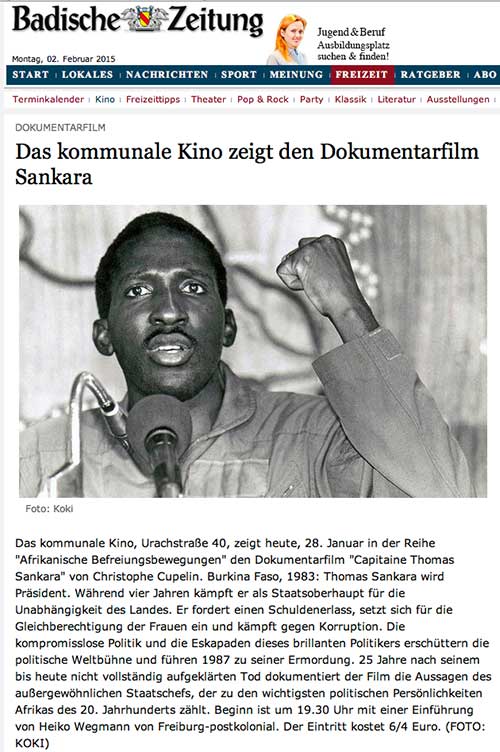 "Das kommunale Kino zeigt den Dokumentarfilm Sankara" Badische Zeitung, 28. Januar 2015