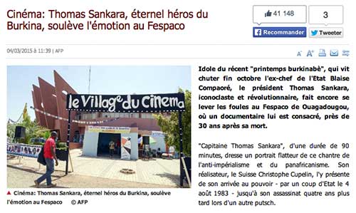Cinéma: Thomas Sankara, éternel héros du Burkina, soulève l'émotion au Fespaco jeuneafrique.com, par AFP, 4 mars 2015