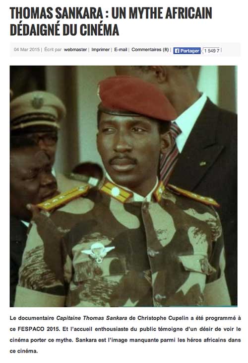 "Thomas Sankara : Un mythe africain dédaigné du cinéma" L'Observateur Paalga, n° 8823, Saïdou Alcény Barry, 5 mars 2015