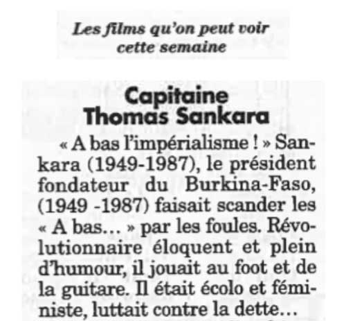 Capitaine Thomas Sankara - Les films qu'on peut voir cette semaine Le Canard Enchaîné, D. F., 25 novembre 2015