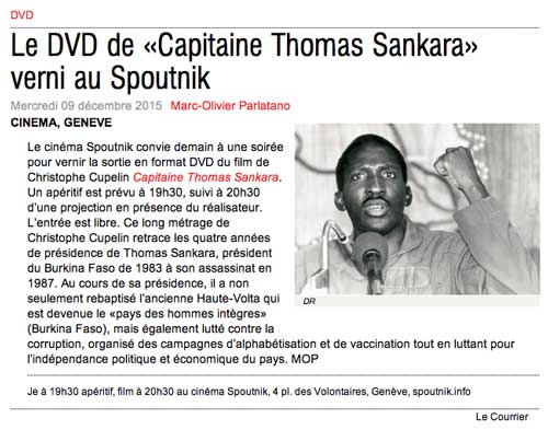 Le DVD de "Capitaine Thomas Sankara" verni au Spoutnik Le Courrier, Marc-Olivier Parlatano, 9 décembre 2015 