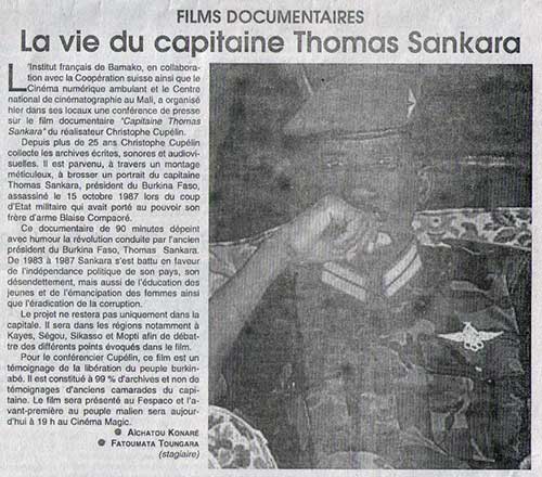 "La vie du Capitaine Thomas Sankara" Les Echos, n° 4406, Aïchatou Konaré et Fatoumata Toungara, 24 février 2015