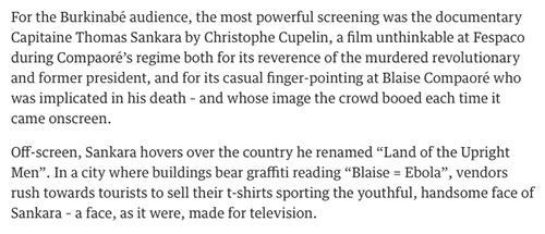 "Thomas Sankara's spirit shines at Burkina Faso film festival" theguardian.com, Oris Aigbokhaevbolo, 10 March 2015