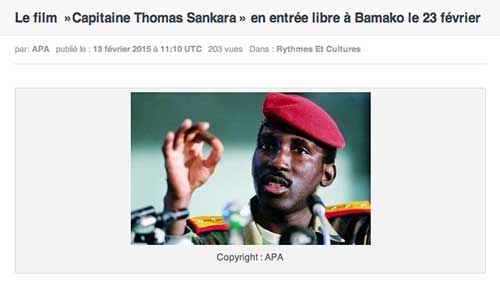 Le film »Capitaine Thomas Sankara » en entrée libre à Bamako le 23 février starafrica.com, APA, 13 février 2015