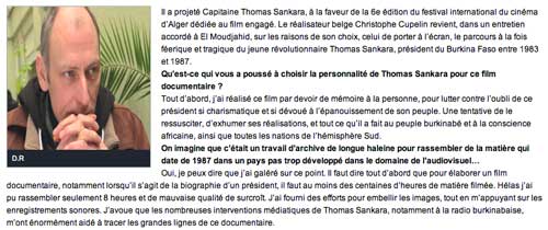 Christophe Cupelin, réalisateur : « C'est un devoir de mémoire de rappeler  le dévouement de Thomas Sankara » elmoudjahid.com, Kader Bentounès, 16 janvier 2016