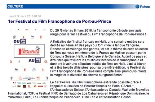1er Festival du Film Francophone de Port-au-Prince metropolehaiti.com, 3 mars 2016