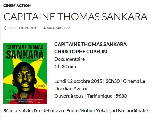  Séance spéciale suivie d'un débat avec Foum Moboh Yekati, artiste burkinabé 12 octobre 2015 • 20h30 Cinéma Le Drakkar, Yvetot, France