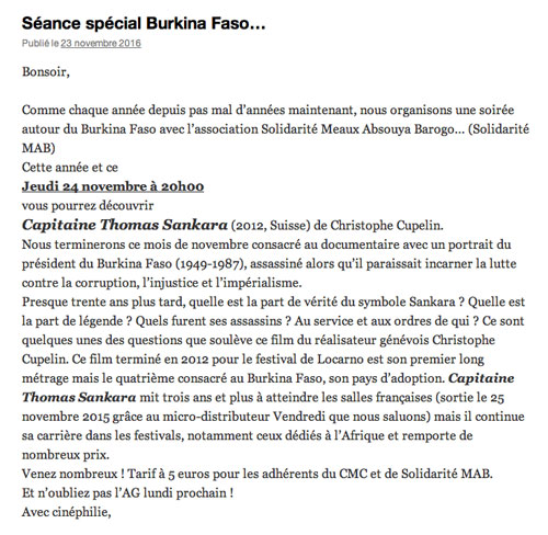 Séance spécial Burkina Faso Cinémeaux, Meaux, France, 24 novembre 2016